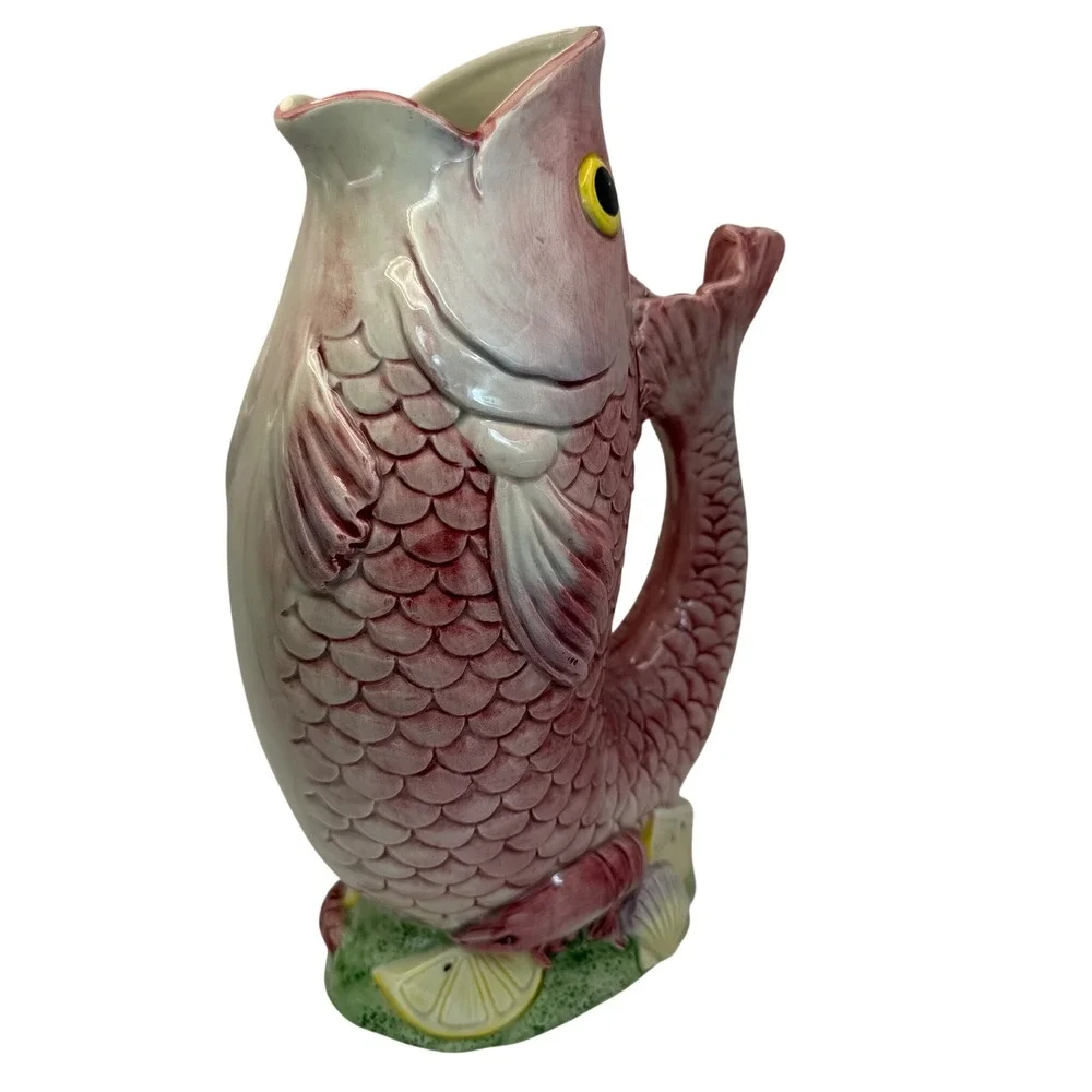 Vintage Fitz & Floyd Pink Fish‎ Pitcher Ceramic Seafood Nautical Large 10